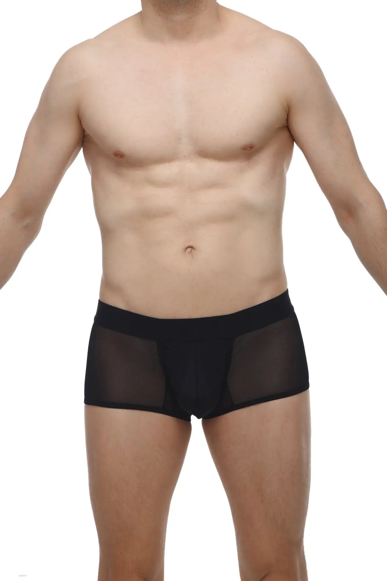 Petitq boxer oncieux black mesh briefs with solid black waistband showing front side design