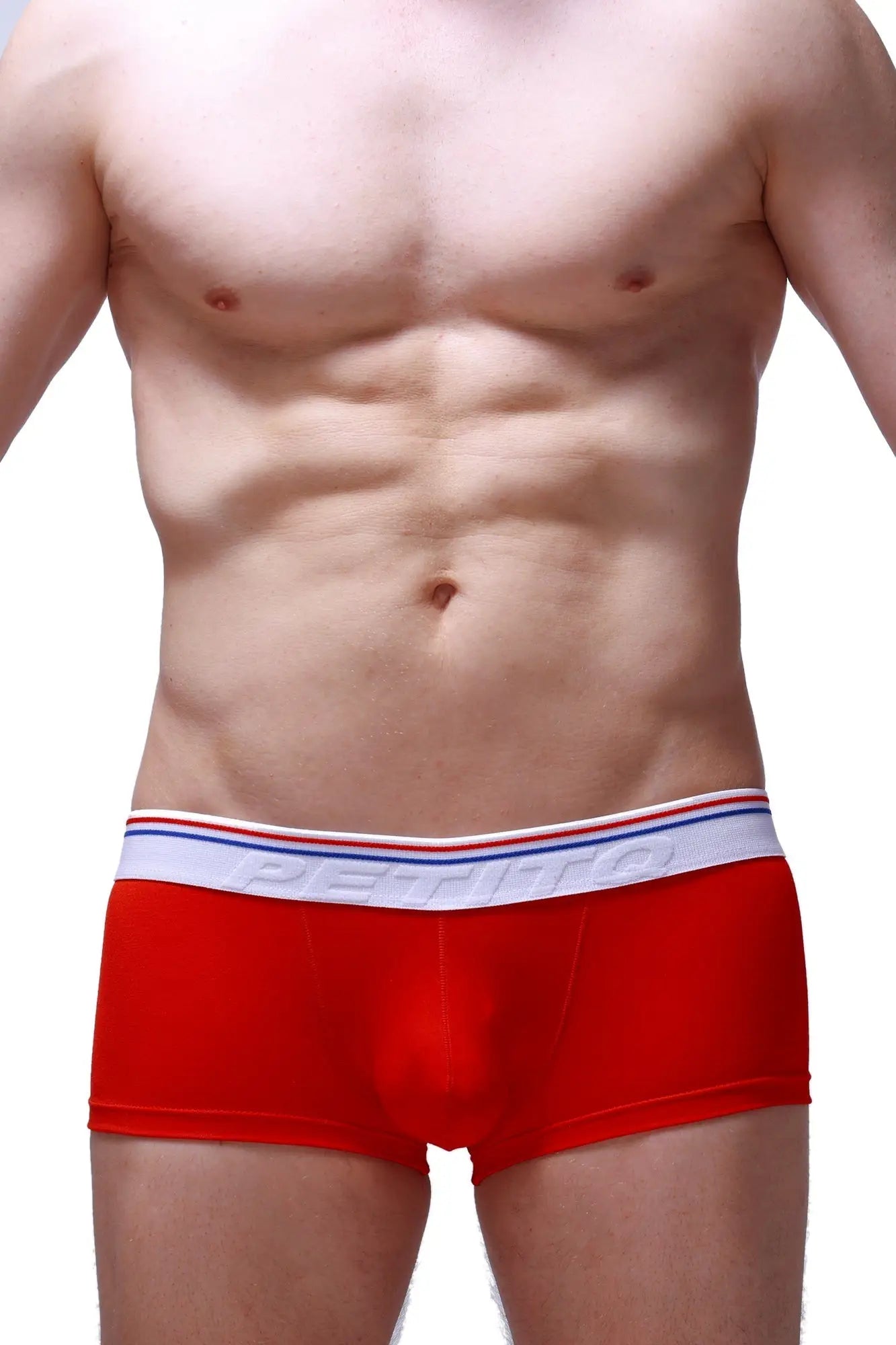 Red petitq boxer push-up men’s briefs with white elastic waistband featuring red blue stripes and petitbag logo