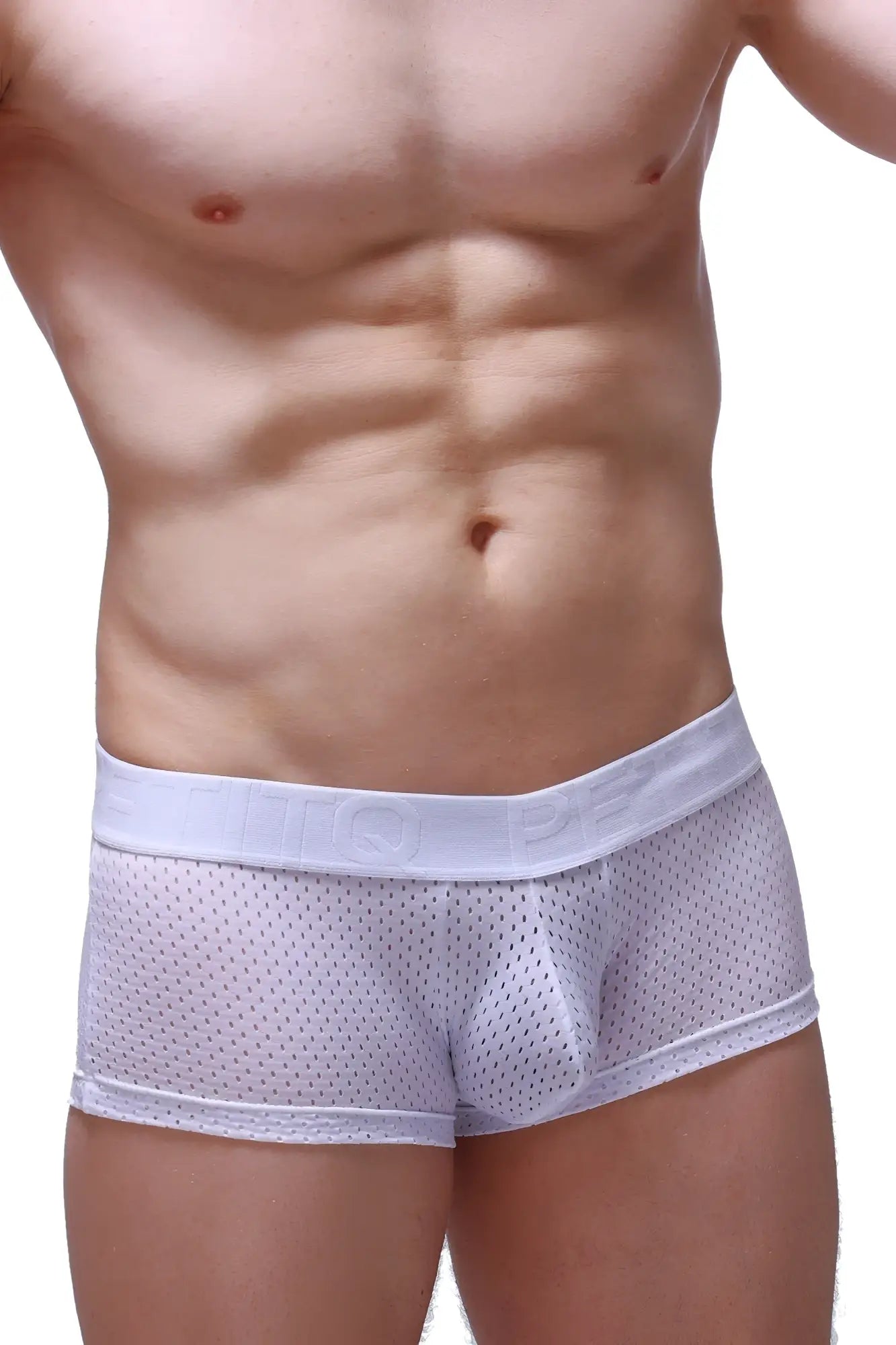 White mesh briefs boxer reotier bee white with solid white elastic waistband featuring embossed lettering