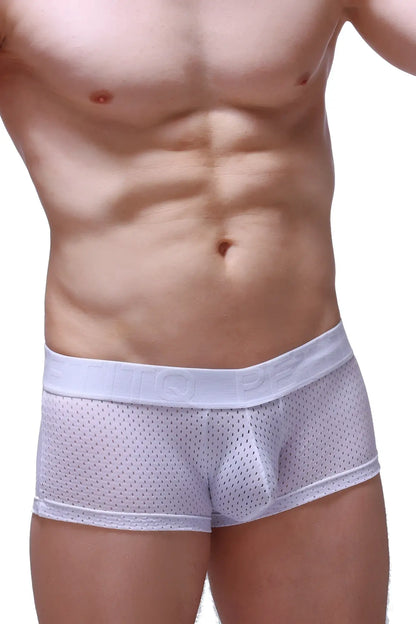 White mesh briefs boxer reotier bee white with solid white elastic waistband featuring embossed lettering