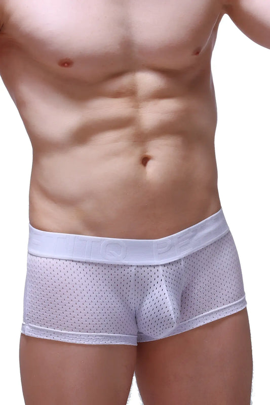 White mesh briefs boxer reotier bee white with solid white elastic waistband featuring embossed lettering