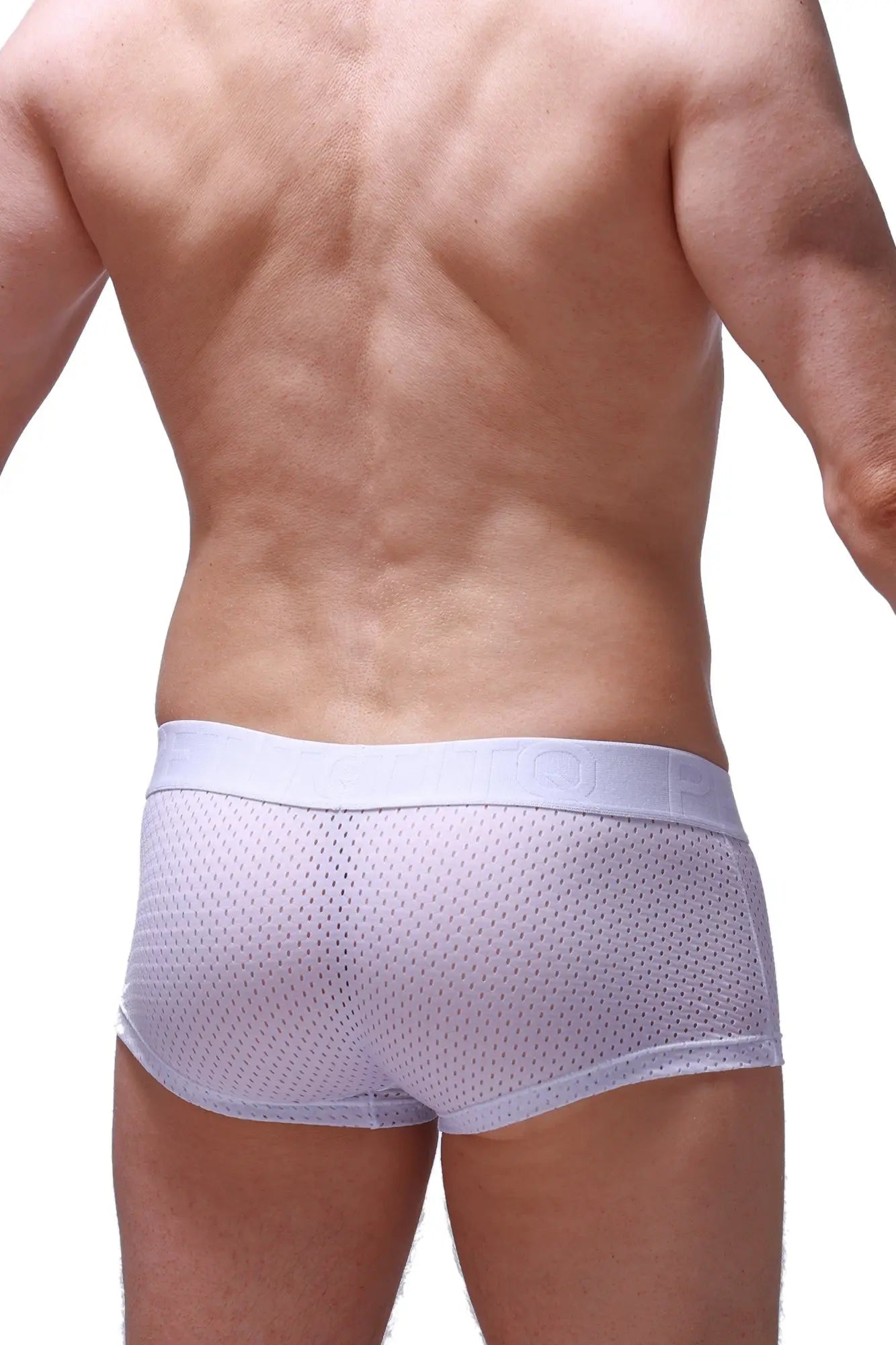 White mesh boxer reotier bee briefs with a solid waistband designed for comfort and breathability