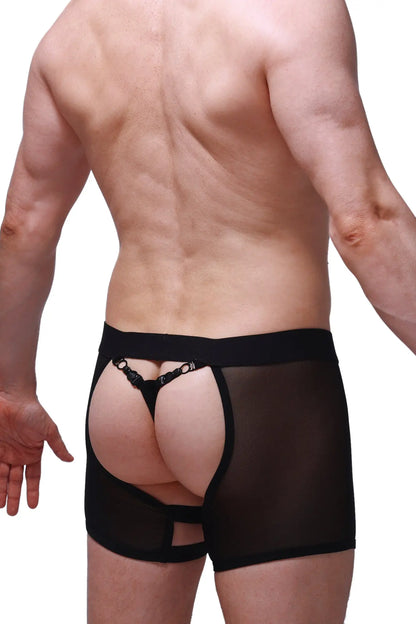 Black sheer mesh briefs with solid waistband and metallic hardware back straps shown from the back side