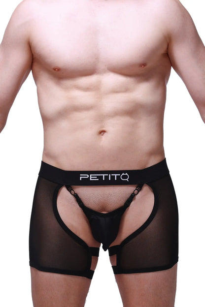 Petitq boxer string garter angy black sheer mesh briefs with solid black waistband and petitq logo in white