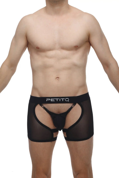 Black sheer mesh petitq boxer string garter angy briefs with solid waistband and white brand lettering