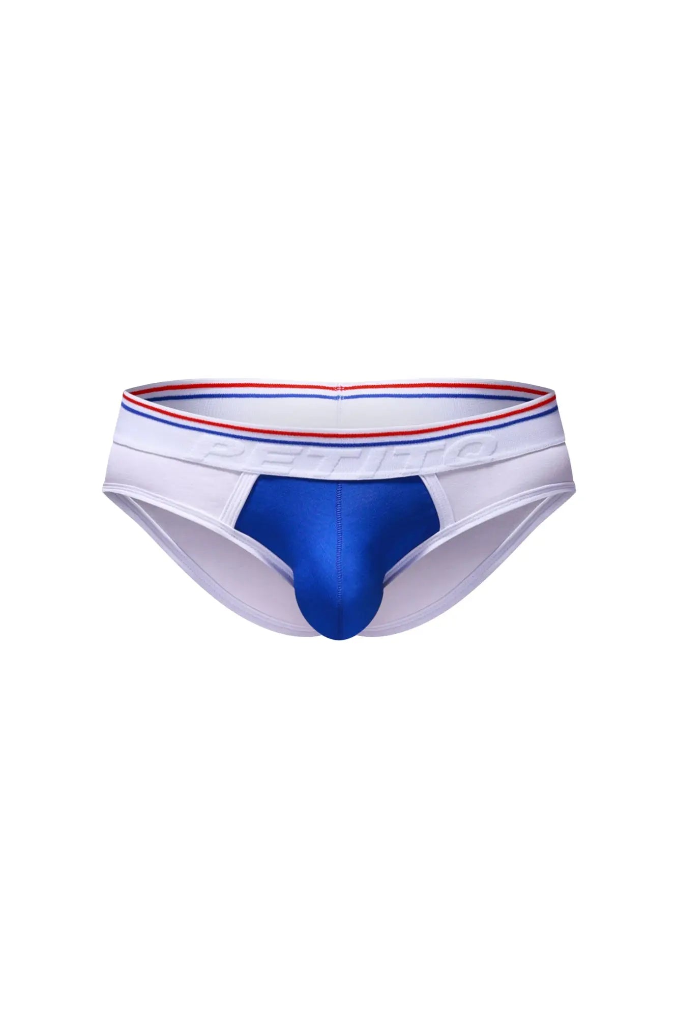 PetitQ Brief Bovel White athletic briefs in white and royal blue with a red white and blue striped waistband