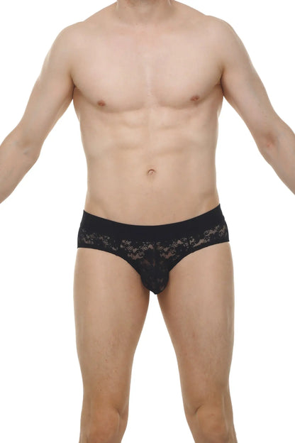 Black lace-trimmed men’s briefs in lace material designed for comfortable everyday wear brief dome lace black