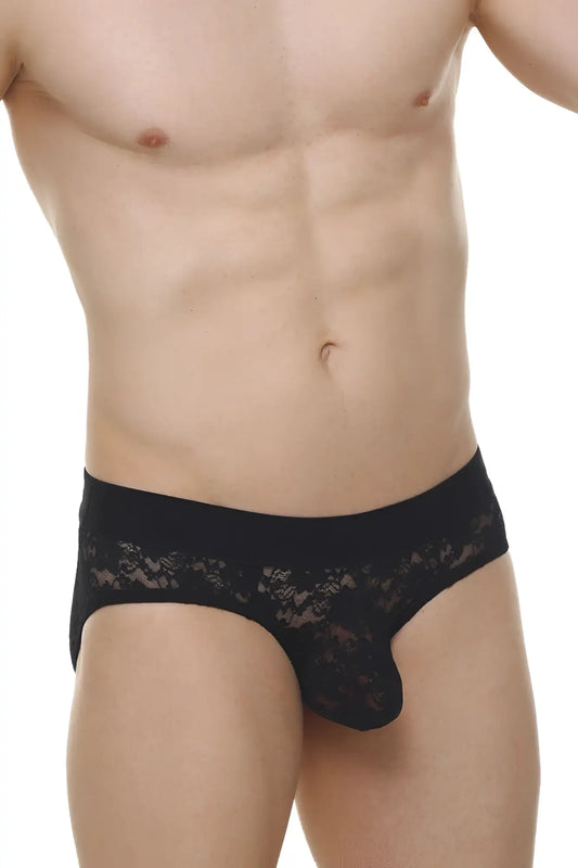 Brief dome lace black mens briefs with sheer patterned fabric and black lace trim for stylish underwear wear