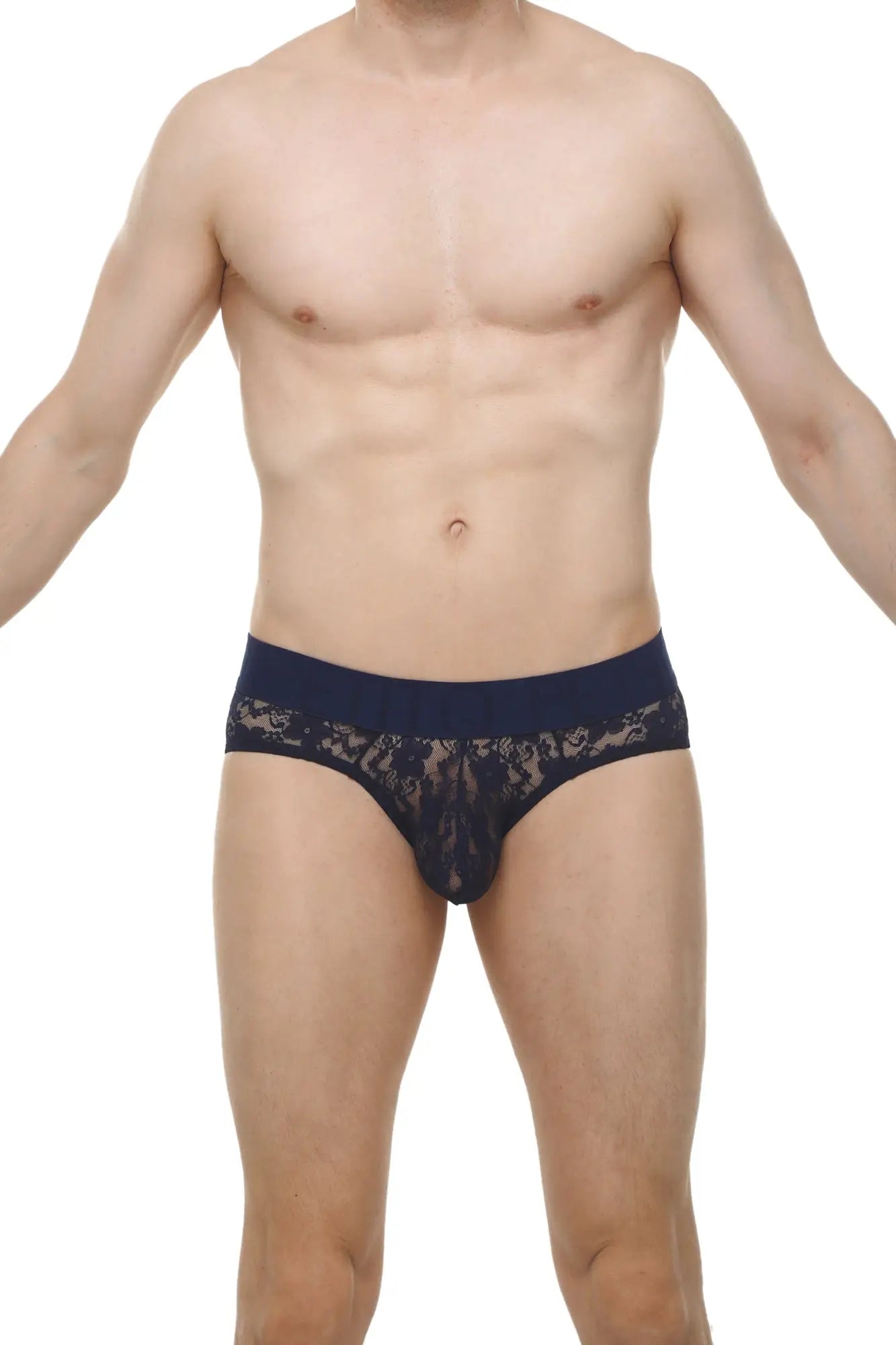 Navy blue brief dome lace briefs with sheer intricate floral lace pattern and solid waistband front view