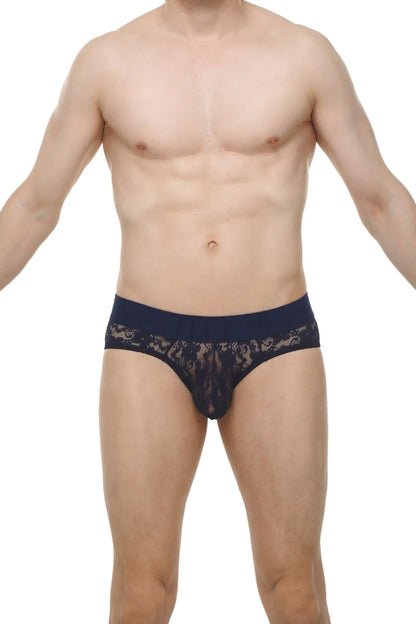 Navy blue brief dome lace briefs with sheer intricate floral lace pattern and solid waistband front view