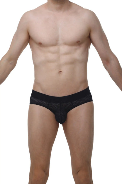 Black lace-trimmed men’s briefs with textured breathable mesh fabric petitq brief dome macra black