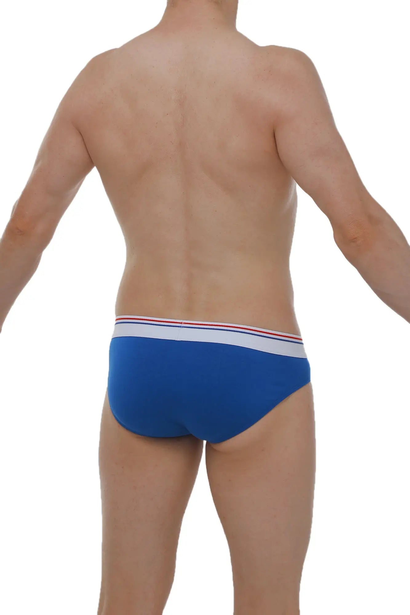 Blue petitq brief dome modal men’s briefs with white waistband featuring thin red and blue stripes