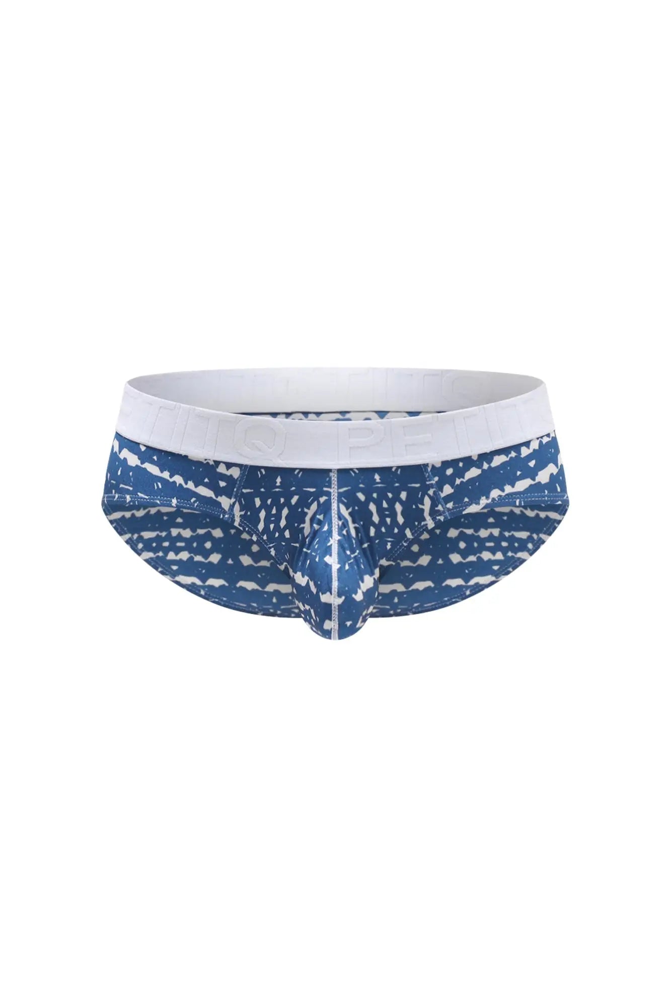 Petitq brief dome new denim blue and white patterned men’s briefs with solid white waistband front view