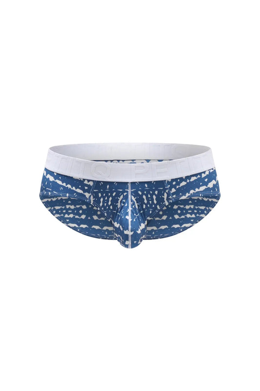 Petitq brief dome new denim blue and white patterned men’s briefs with solid white waistband front view