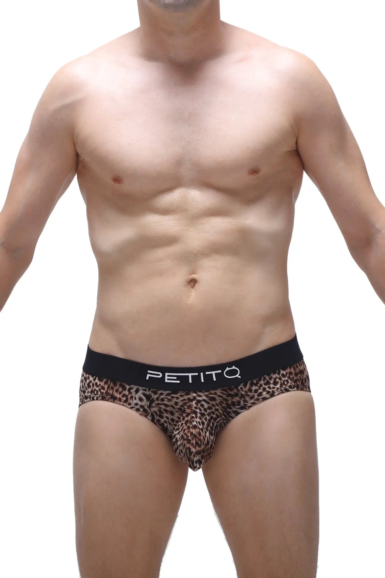 PetitQ brief Dome Panthere leopard-print men’s briefs with black waistband and white PetitQ brand name lettering
