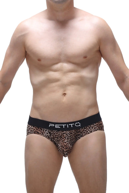 PetitQ brief Dome Panthere leopard-print men’s briefs with black waistband and white PetitQ brand name lettering