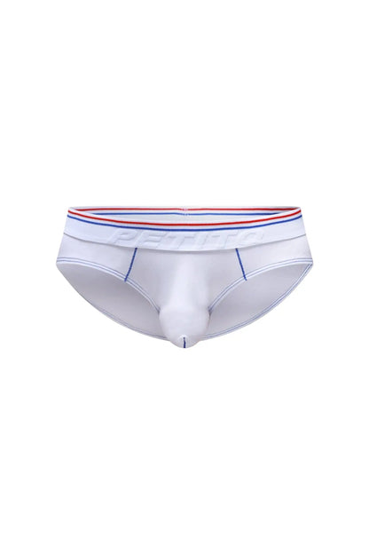Petitq white men’s briefs with red white and blue striped waistband and embossed pentti branding in modal fabric