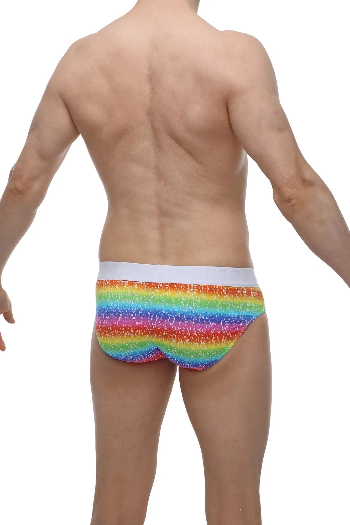 Petitq brief hang rainbow men’s glittery briefs with rainbow stripes and white waistband front view