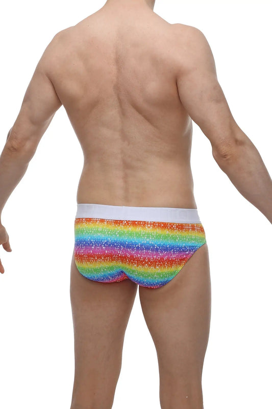 Petitq brief hang rainbow men’s glittery briefs with rainbow stripes and white waistband front view