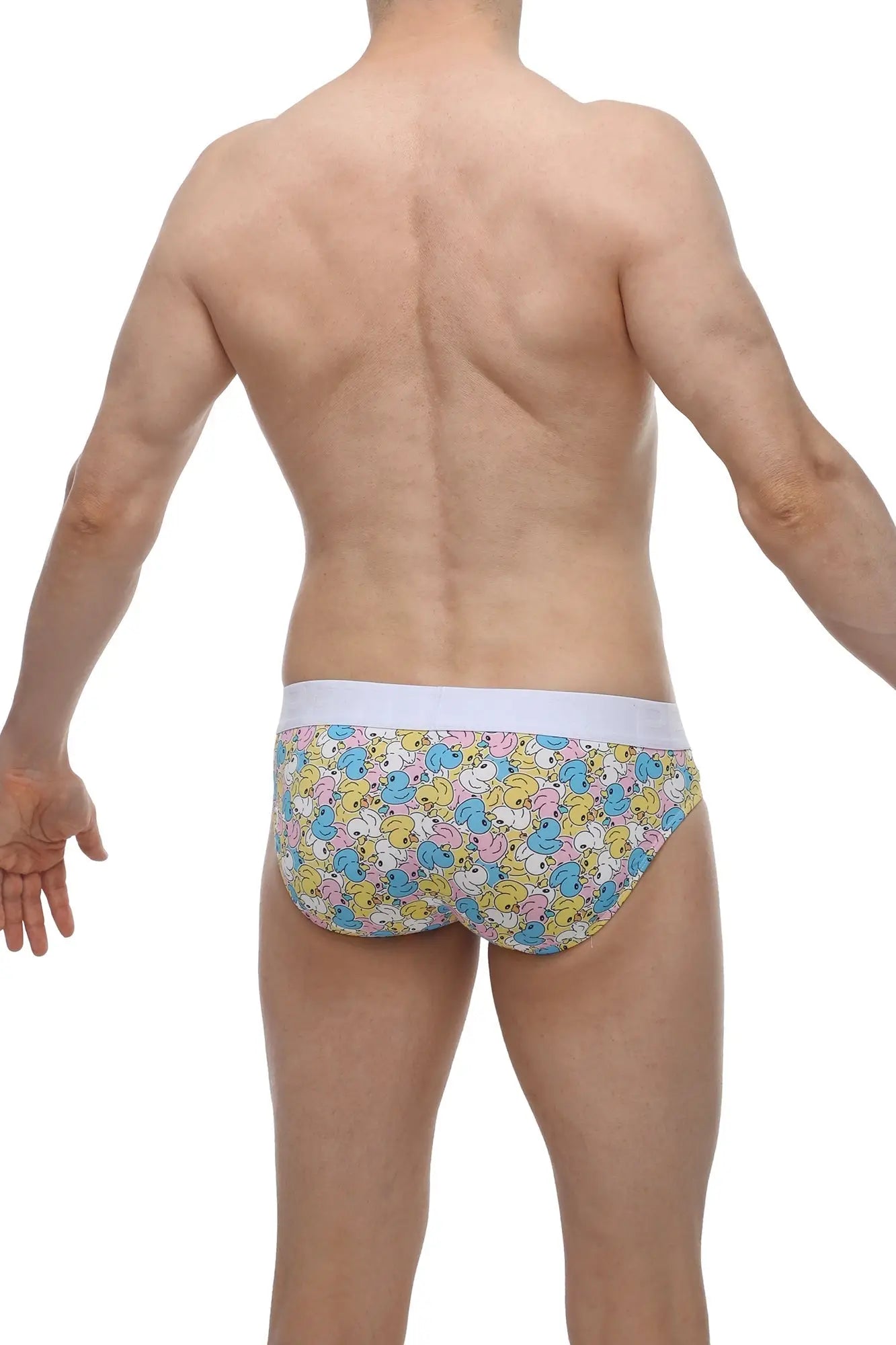 Pastel-colored PetitQ brief linay duckies with cartoon duck pattern in blue pink yellow and solid white waistband