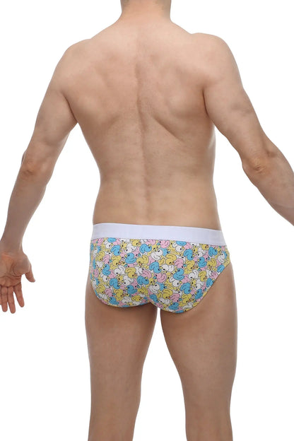 Pastel-colored PetitQ brief linay duckies with cartoon duck pattern in blue pink yellow and solid white waistband