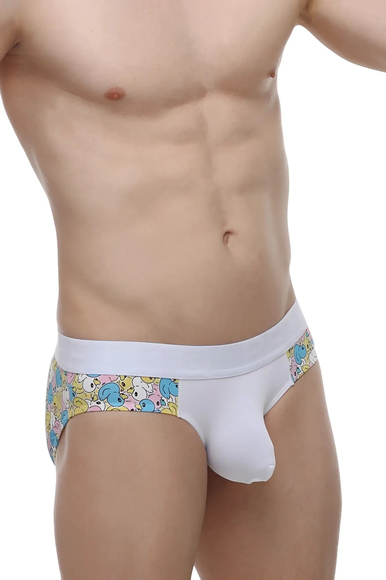 White brief petitq brief linay duckies with colorful blue and yellow cartoon characters on the sides
