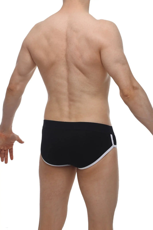 PetitQ brief retro modal black swim trunks with white trim along waistband and leg openings in a classic design