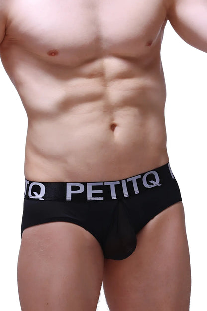 Black petitq men’s briefs with contrasting white logo band offering comfortable everyday wear
