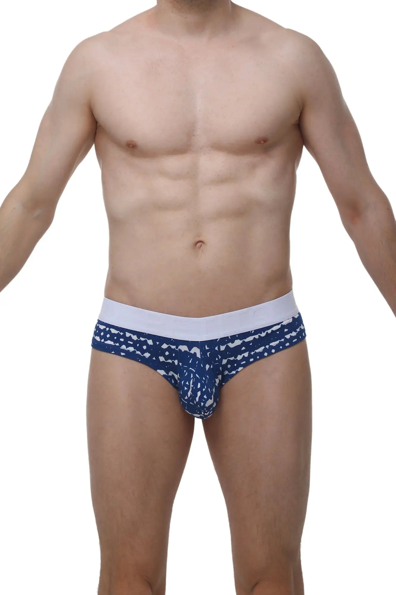 Petitq cheeky brief new denim men’s blue and white patterned briefs with solid white waistband for everyday wear