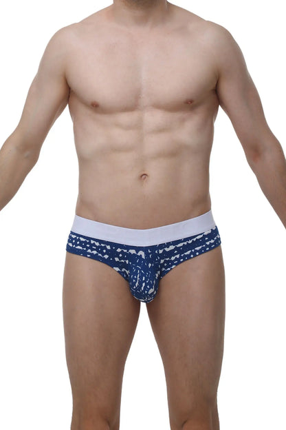 Petitq cheeky brief new denim men’s blue and white patterned briefs with solid white waistband for everyday wear