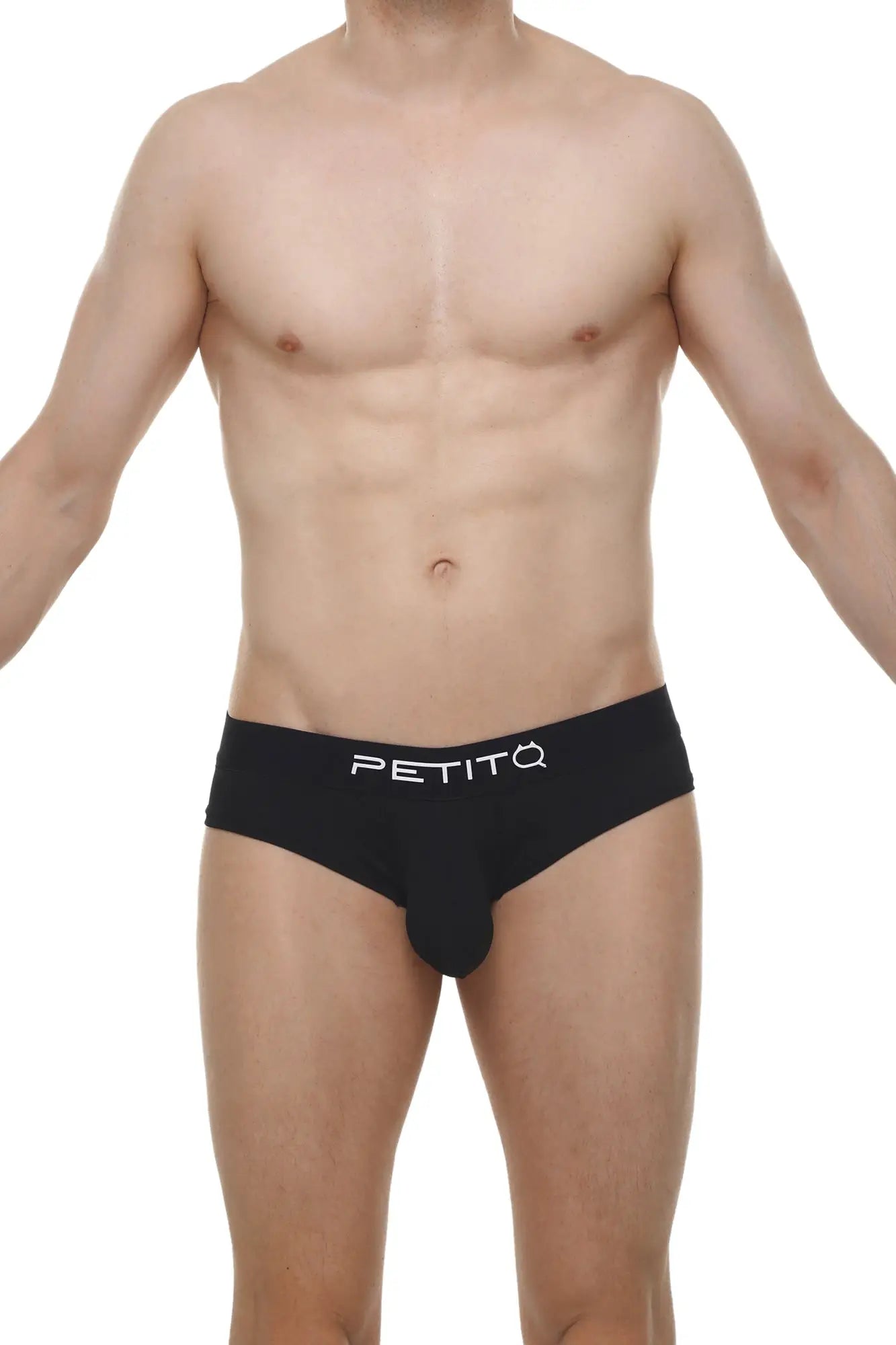Black petitq men’s cheeky brief skine black with sleek form-fitting design and white logo branding on front