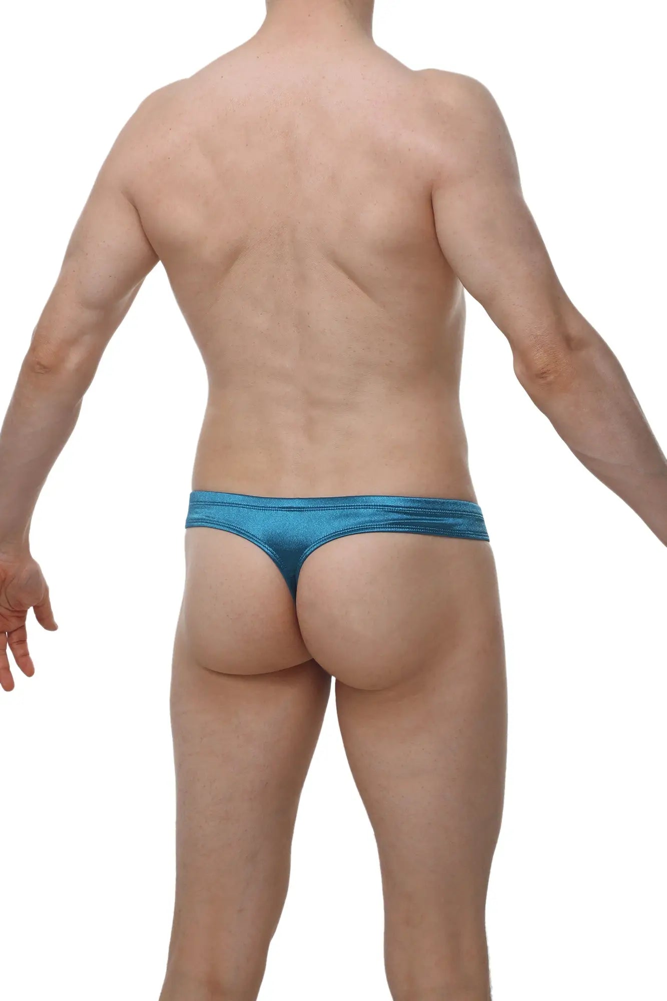 Blue metallic petitq cheeky thong satin teal with a sleek shiny finish showing the back side of the product