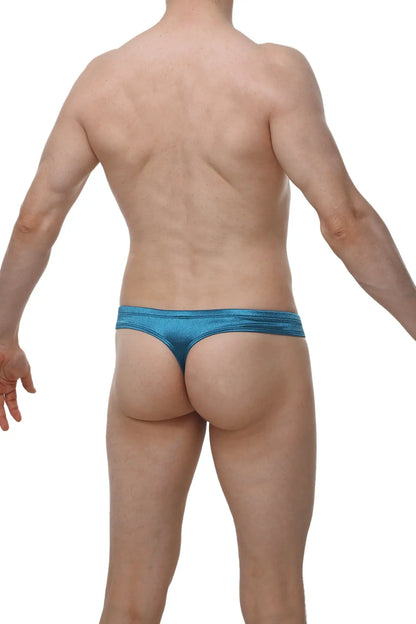 Blue metallic petitq cheeky thong satin teal with a sleek shiny finish showing the back side of the product