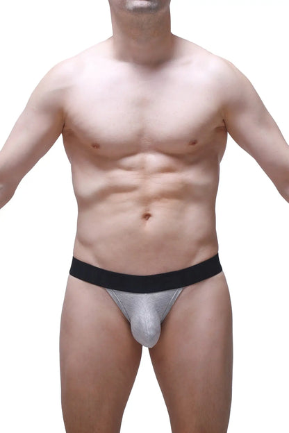 Silver metallic briefs with black waistband from PetitQ g-string attin gray highlighting its sleek design