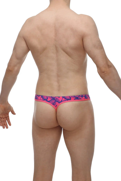 Petitq g-string cleder tropical hearts bright pink and navy blue thong with tropical leaf pattern shown from the back