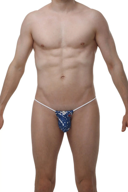 Blue patterned denim petitq g-string with white elastic waistband for comfortable support and style