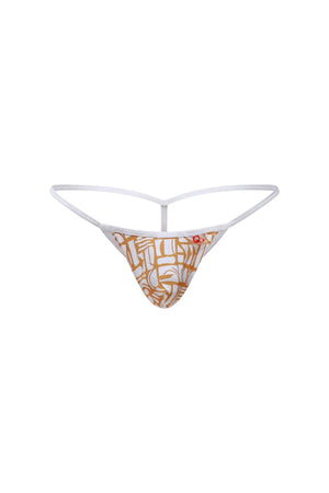 White thong g-string by petitq with orange and white abstract geometric pattern showing front side