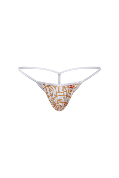 White thong g-string by petitq with orange and white abstract geometric pattern showing front side