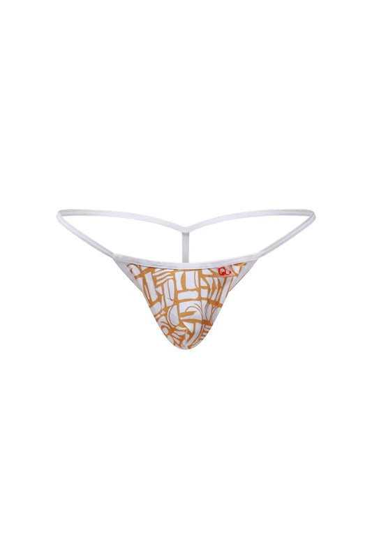 White thong g-string by petitq with orange and white abstract geometric pattern showing front side