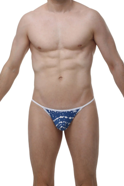 Petitq g-string herat new denim blue and white patterned thong with snug form-fitting design
