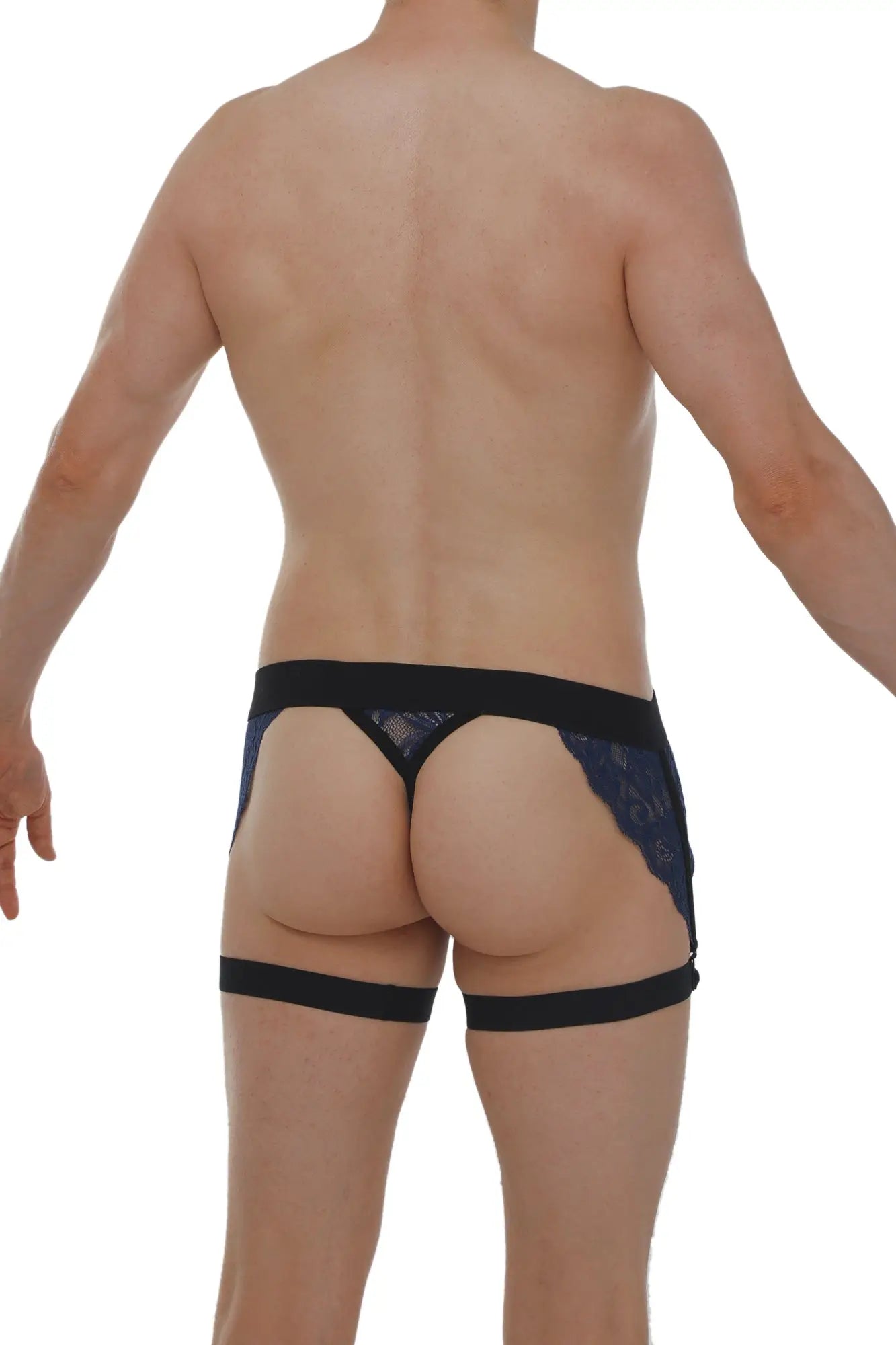 Navy lace g-string lurris with matching black lace thong and leg straps shown from the back side