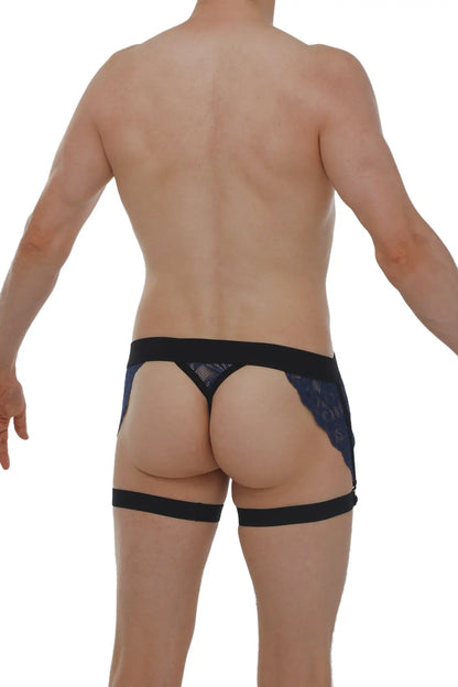 Navy lace g-string lurris with matching black lace thong and leg straps shown from the back side
