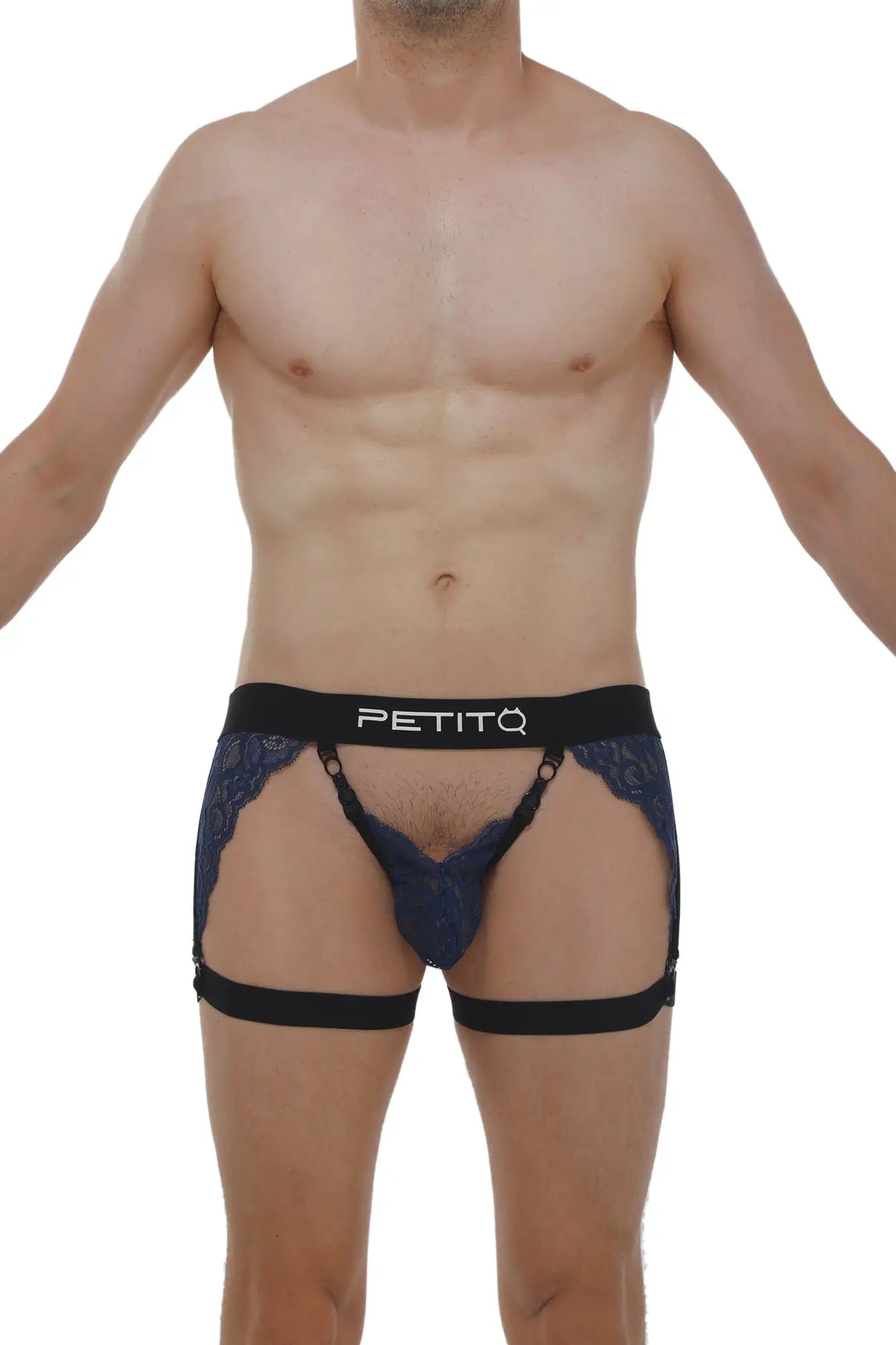 Dark blue lace-trimmed g-string briefs with black elastic straps featuring petitq brand logo lurris lace navy model