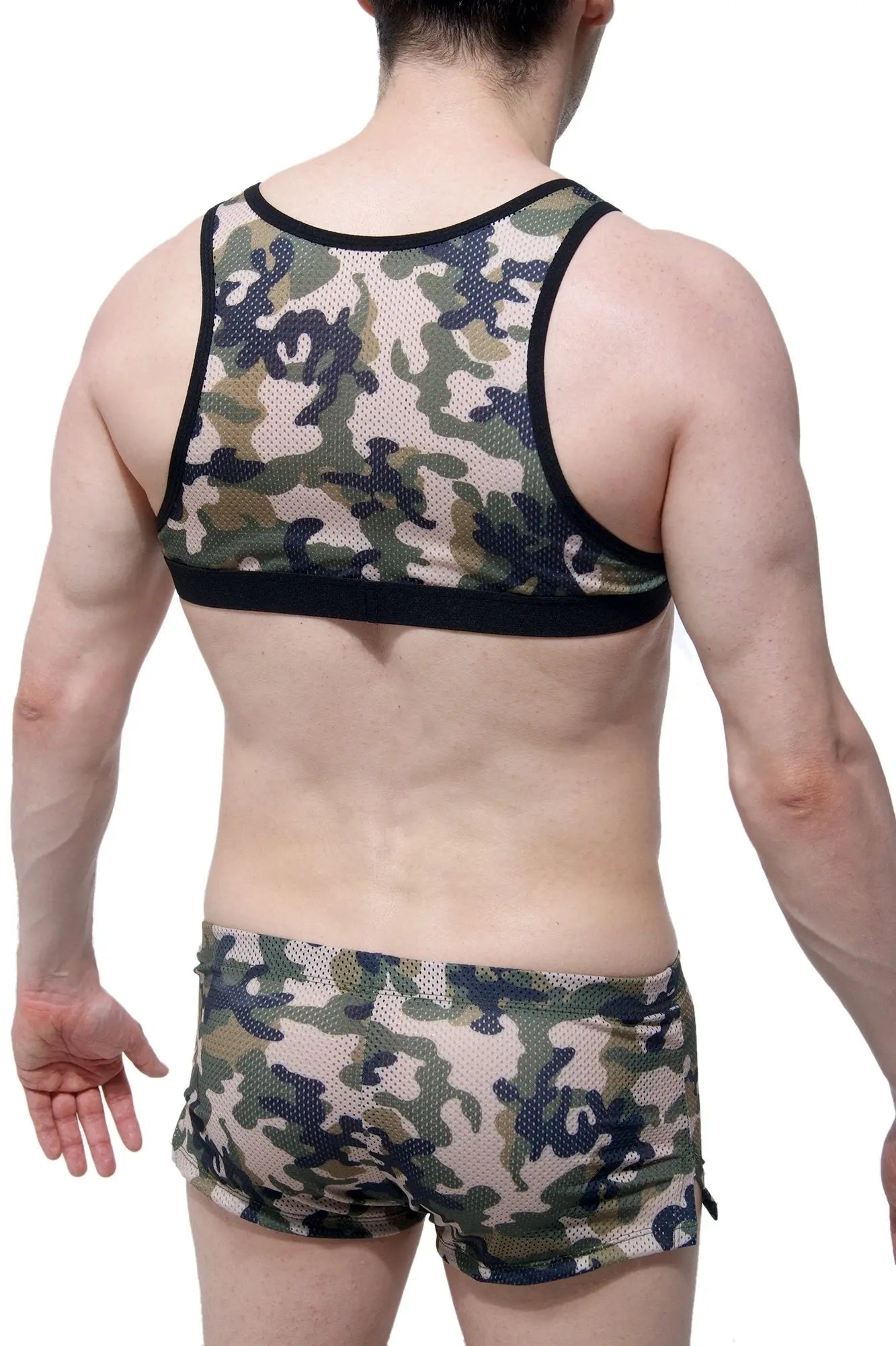 Camouflage-patterned mesh tank top with black trim from petitq harnais taranis army collection