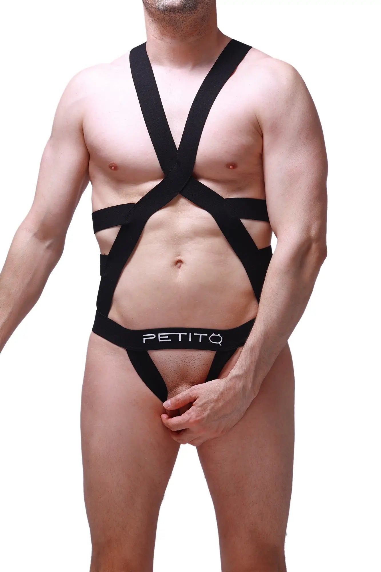 Black petitq jock harness champol bodysuit with crisscross straps and waistband showing the back side