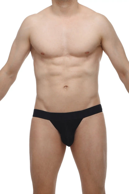 Black petitq jockstrap blyes modal briefs with smooth fabric and narrow waistband front view