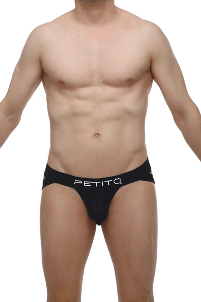 PetitQ jockstrap Brucy black briefs with sleek form-fitting design and white logo on waistband front view