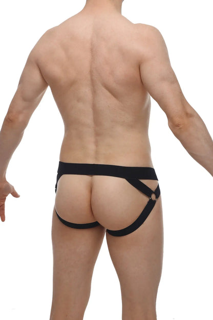 Petitq jockstrap brucy black black leather-like harness briefs with central waistband and diagonal straps