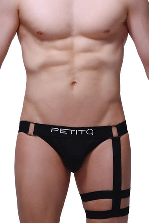 Black PetitQ jockstrap Calenge briefs with adjustable leg straps and metallic buckle for secure fit