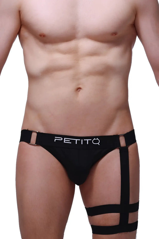 Black PetitQ jockstrap Calenge briefs with adjustable leg straps and metallic buckle for secure fit